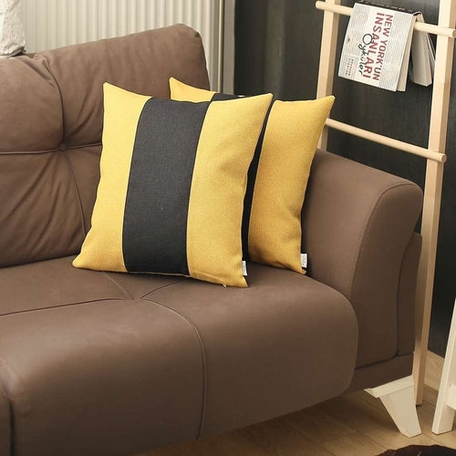 Set Of Two 18" X 18" Yellow And Black Geometric Zippered Handmade